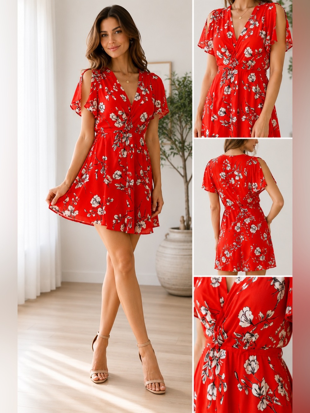 NEW Windsor Bright Red White Floral Flutter Wrap Mini Dress $118 M